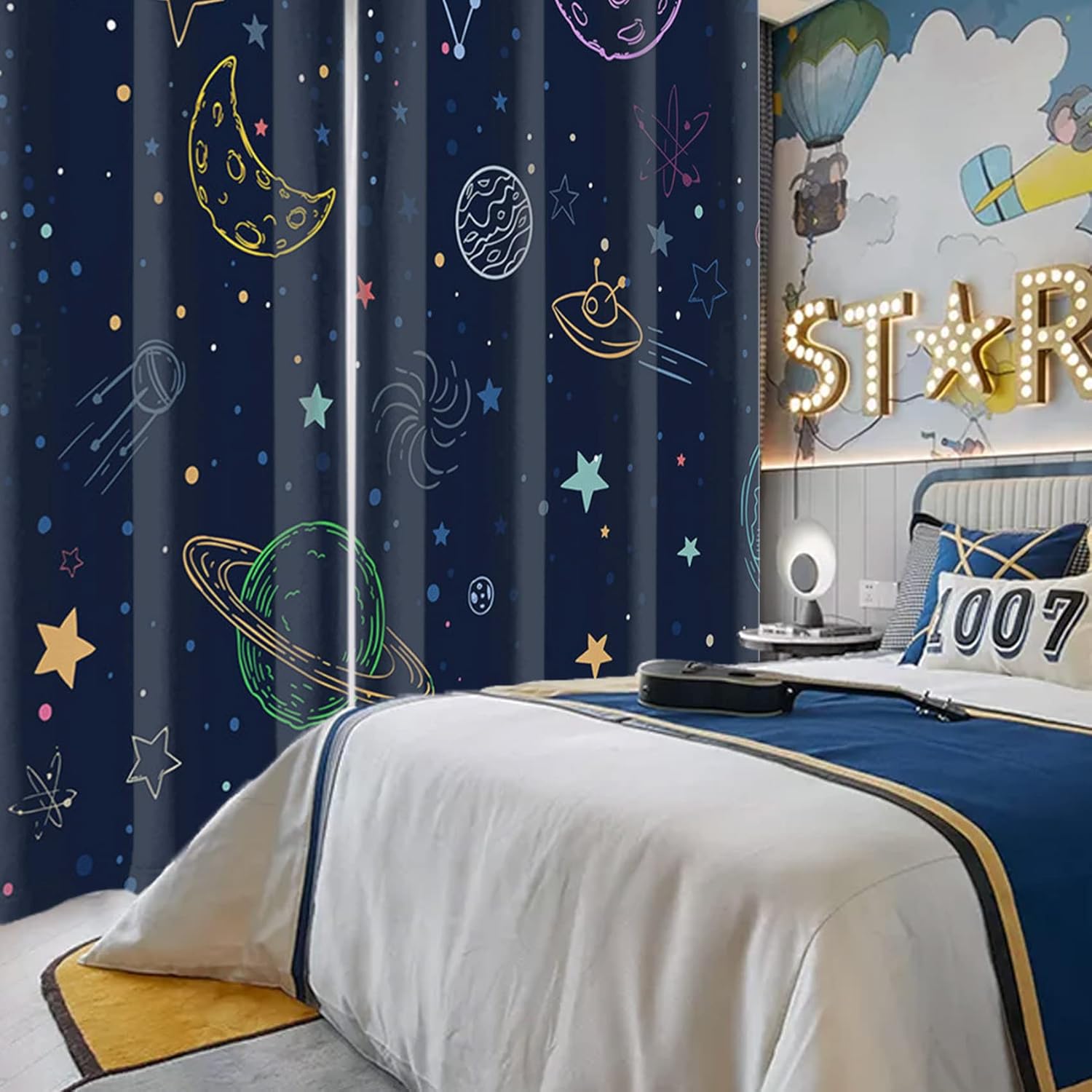 Navy Blue Kids Blackout Curtains for Bedroom 63inches Long Cartoon Universe Planet Living Room Window Curtain for Boys Children 2 Panels Set Moon Night Sky Grommet Drapes 42x63 inches