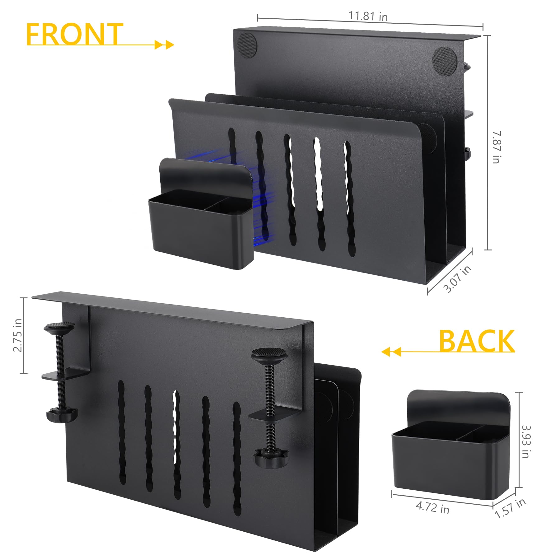 Henitol 2 TIER Desk Side Storage Upgraded Desk Organizer, No Drill Hanging Laptop Holder Under Desk, Clamp-On Table Side Tray Steel Desktop Organization for Office and Home (Black)