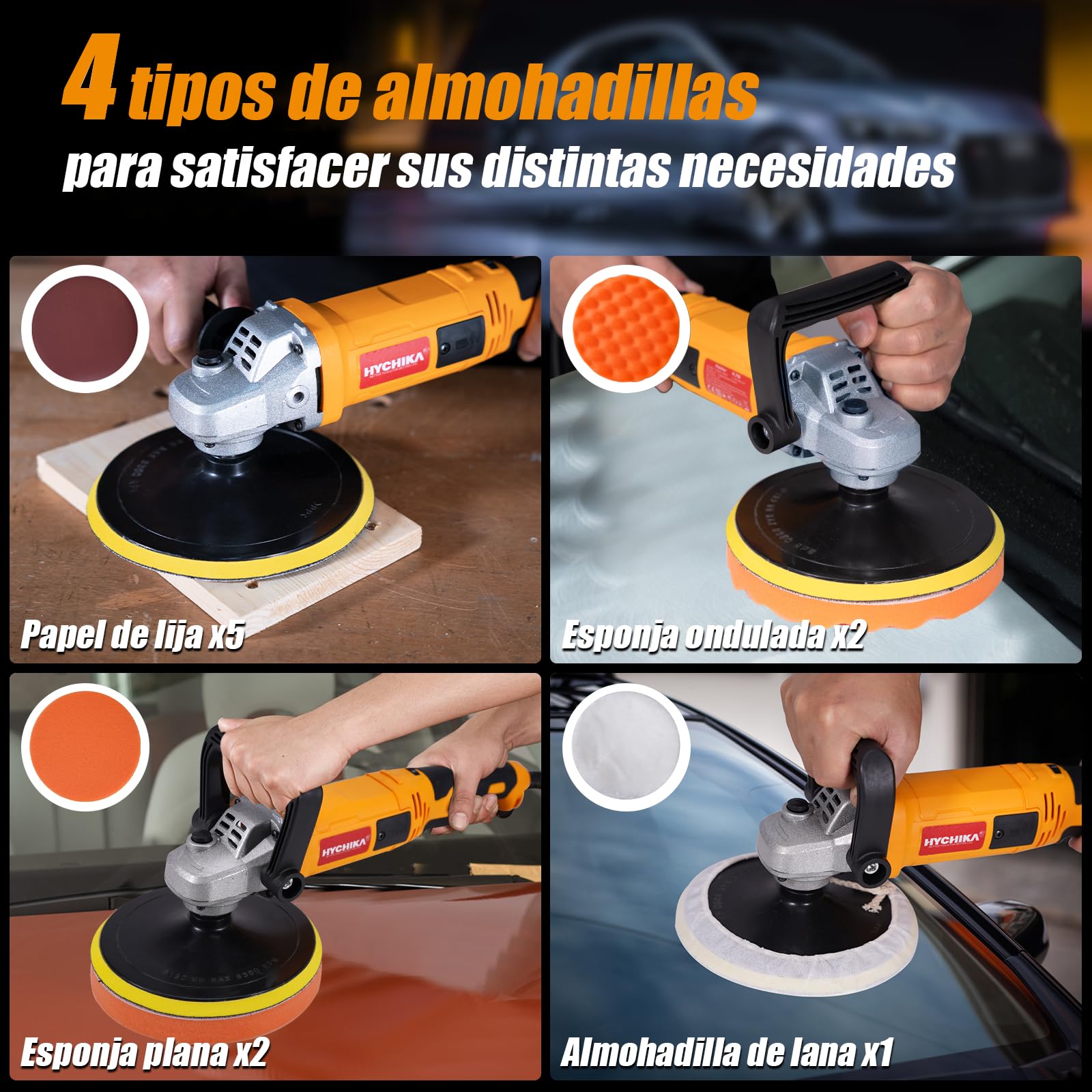HYCHIKA Pulidora Coche 1580W, Pulidora Rotativa Con 6 Velocidades Control Variable, Pulidora Con Motor de Cobre Puro, con Almohadilla de Pulido de 180 mm, Kit Pulido Coche