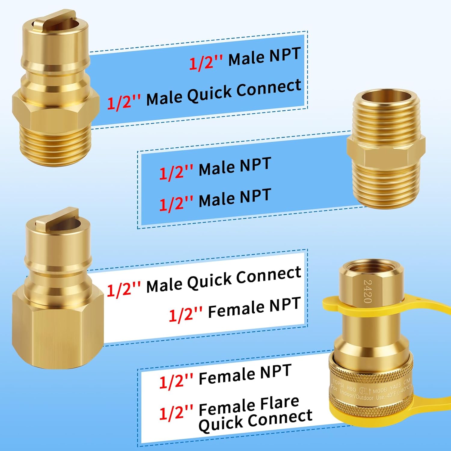 1/2'' Natural Gas Quick Connect Fittings, 1/2 Inch QDD LP Propane Quick Connect Fittings Adapters, Solid Brass Natural Propane Quick Connector/Disconnect Plug Kit