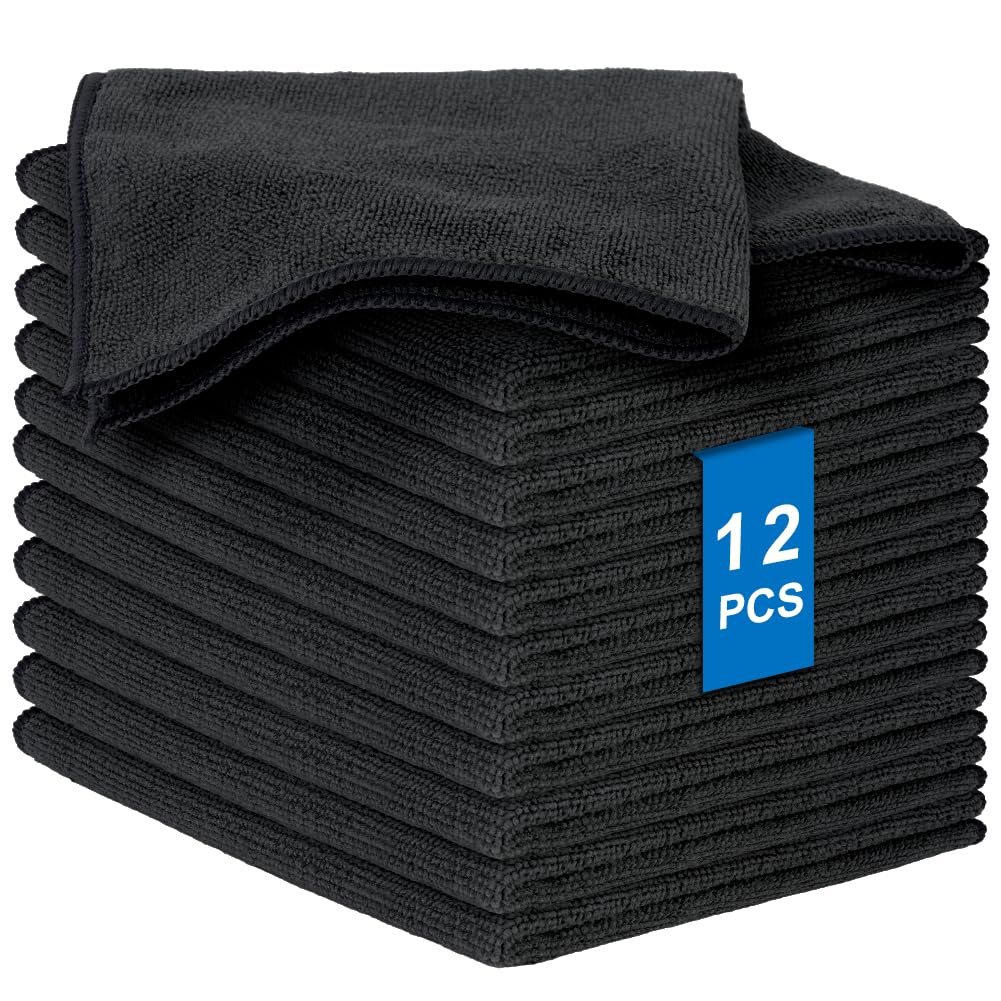 AYESY Microfibre Cleaning Cloth, 12 PCS 30 x 30 cm Highly Absorbent Cleaning Rags Multifunctional Kitchen Towel Reusable Dishcloth for Plastic-Free Kitchen Cloth Suitable for Any Surface (Black)