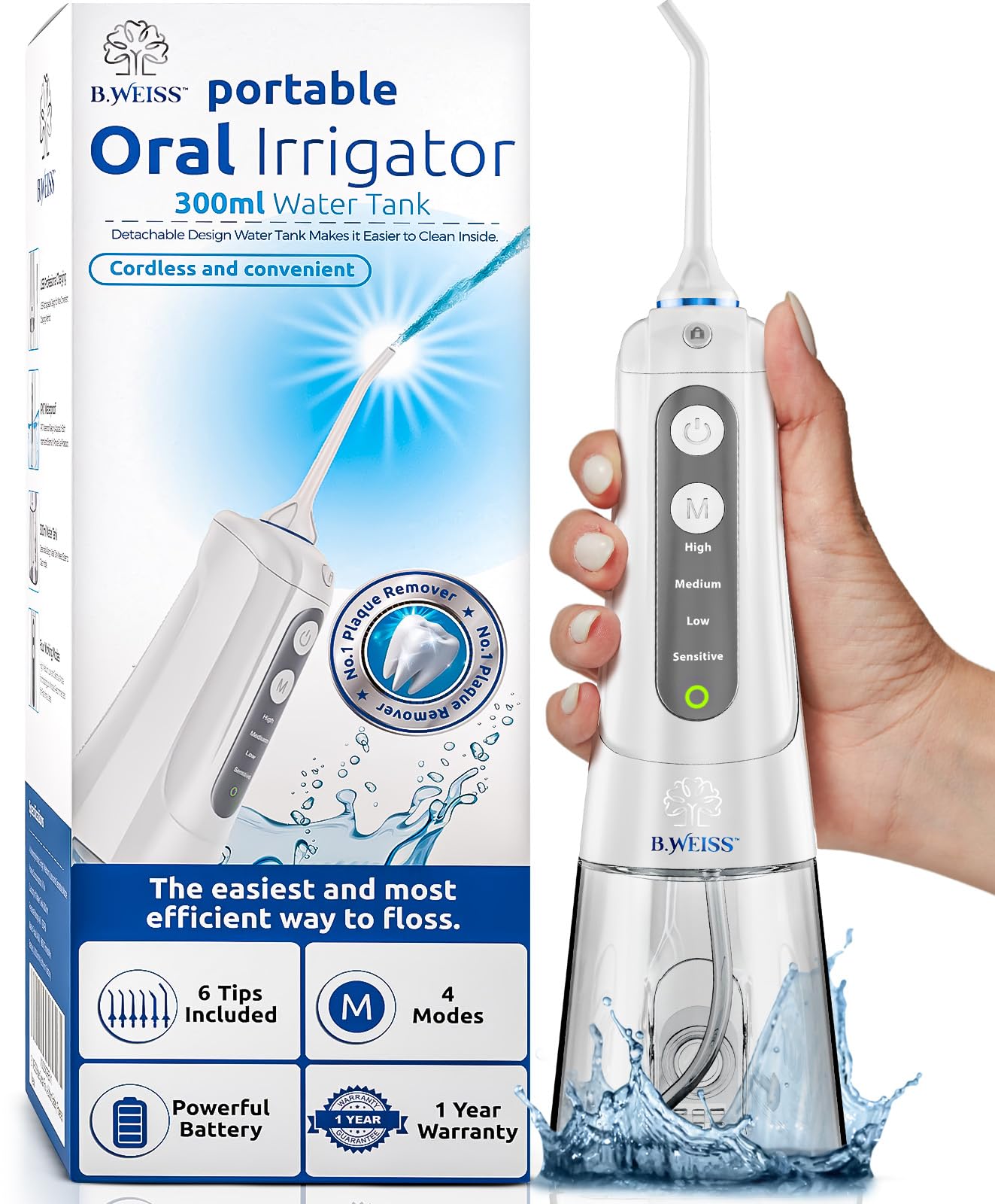 Water Flosser for Teeth Cordless Pick, 4 Modes, Upgraded Model: Gentle on Gums, Removes Plaque & Food Particles, B. WEISS High-Power, Rechargeable & Waterproof Oral Irrigator; 6 Replacement Tips.