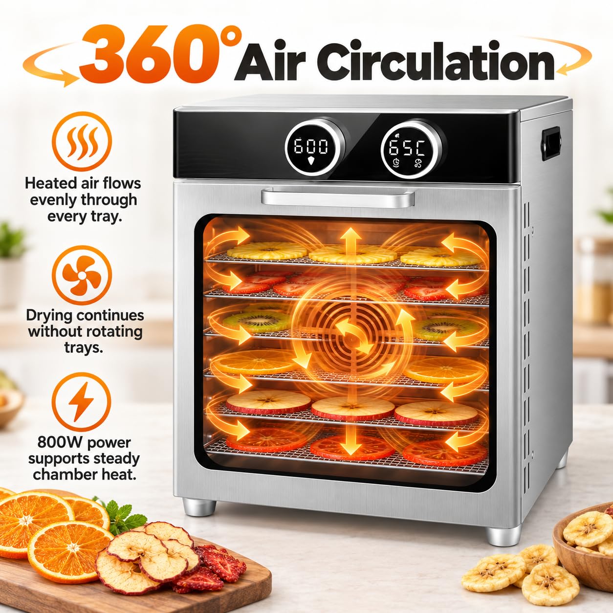 Essiccatore Alimentare Commerciale, 800W, Circolazione dell'Aria a 360°