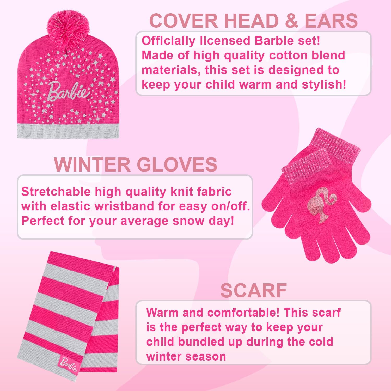 Barbie Girls Winter Hat with Gloves for Ages 5-13 Years – Ultra Soft Pink Beanie Winter Hat for Outdoors