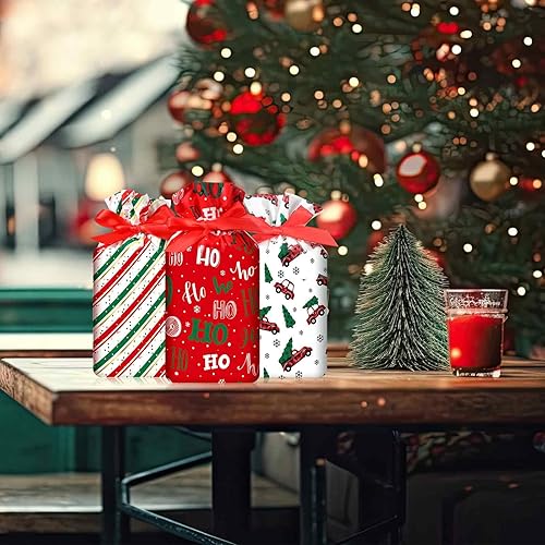 Miniatura 6 de Funrous 50 Piezas Bolsas de Navidad con Cordón Bolsas de Regalo de Plástico con Cordón de Navidad Bolsa de Dulces a Cuadros de Búfalo de Navidad