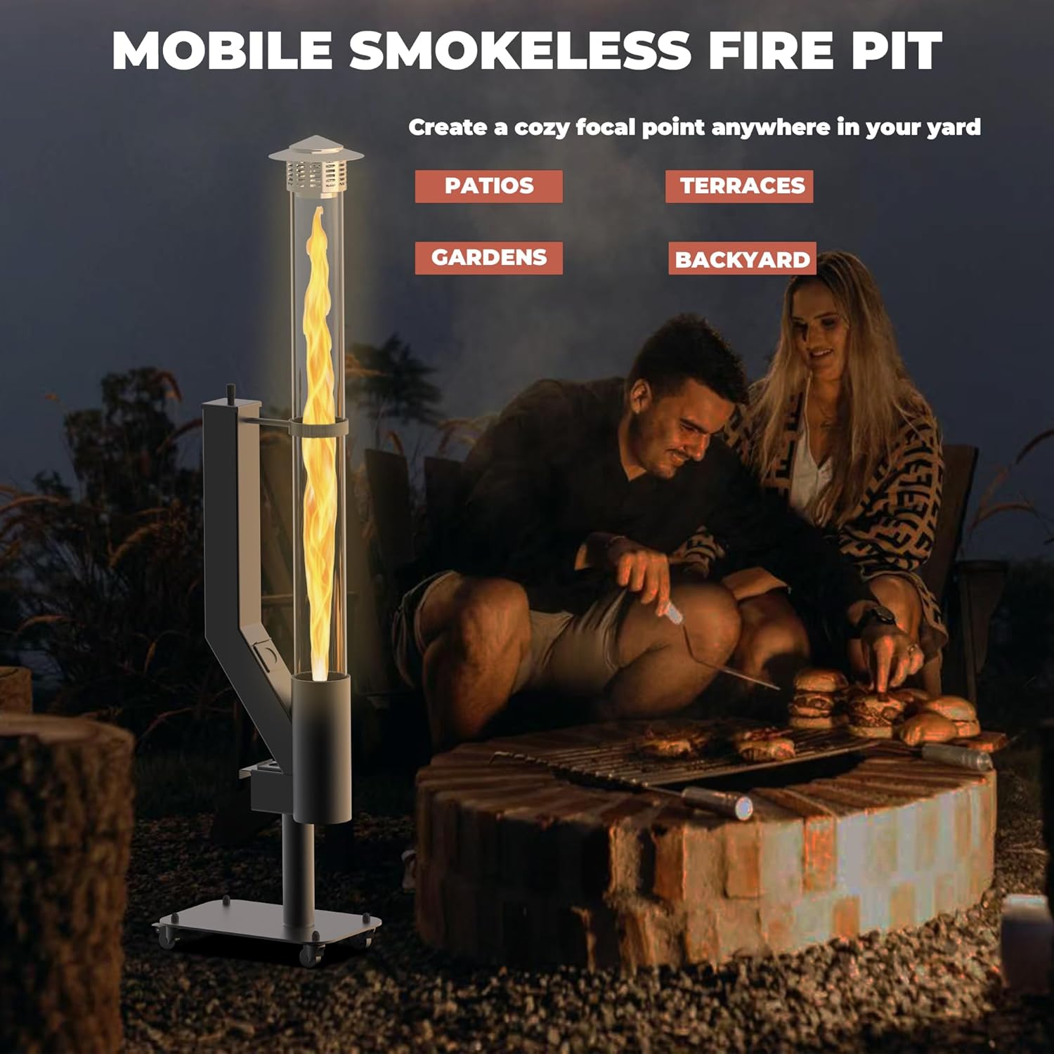 Outdoor Pellet Fire Pit – Spiral Swirling Flame Column with Glass Tube, Creates Cozy Patio & Garden Ambience, Great for Backyard & Camping