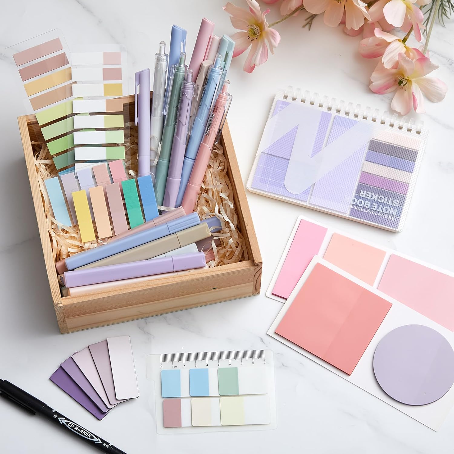 Jutom 41 Pcs Aesthetic Book Annotation Kit with Pencil Bag Bible Journaling Kit Notebook Sticky Note Tab Highlighter Black Ink Pen Page Marker School Office Supplies Bible Lover Gift(Purple)