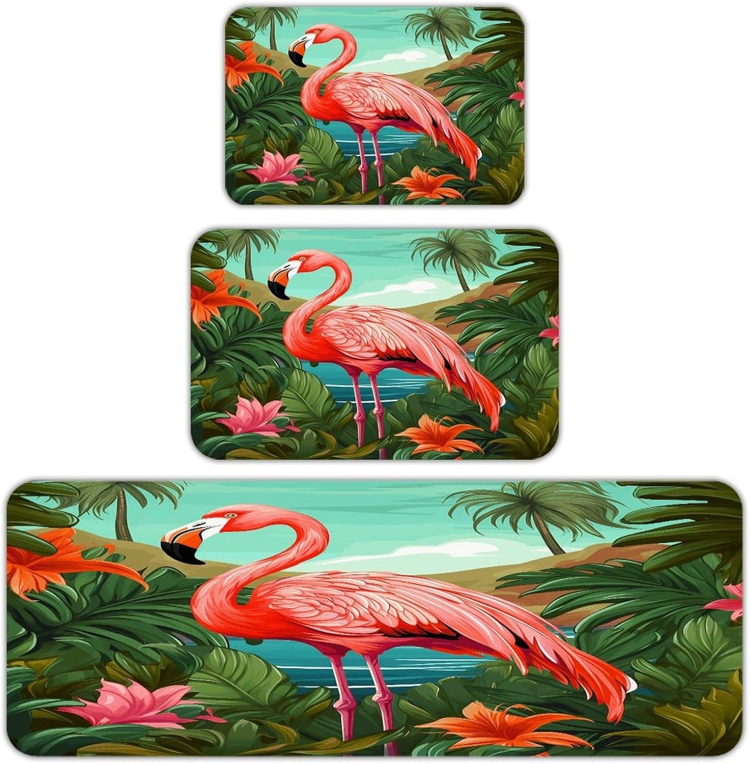 Tropical Flamingo Kitchen Rugs Sets of 3 Non Slip Kitchen Mats for Floor Farmhouse Kitchen Sink Mat Thick Comfort Standing Mat for Laundry Room Hallway Bathroom