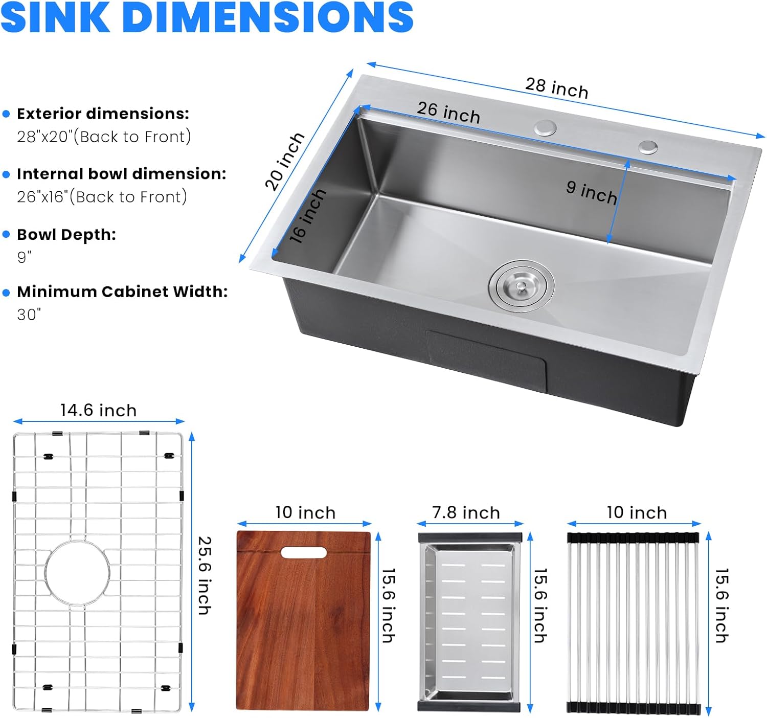 POPFLY 28 x 20 Inch Kitchen Sink, 28 Inch 304 Stainless Steel Top Mount Drop in Workstation Sink, 9-Inch Deep Handmade Single Bowl Sinks with Cutting Board & Strainer, Brushed Nickel（28×20×9）