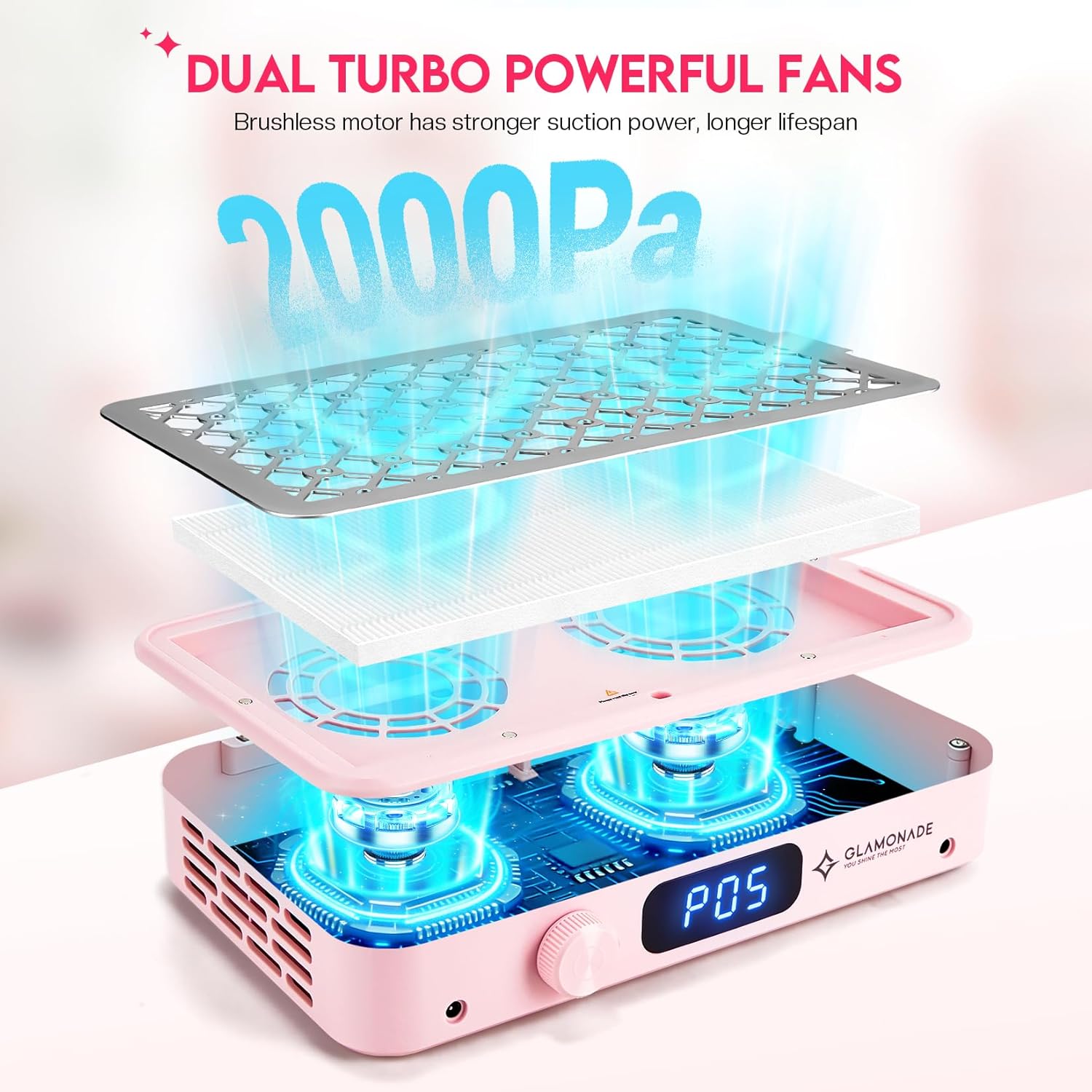 Glamonad Nail Dust Collector for Nail Tech: Quiet 2000PA Professional Nail Vacuum Dust Collector for Acrylic Nails Nail Fan Dust Collector with 10 Filters for Manicure Salon & Home