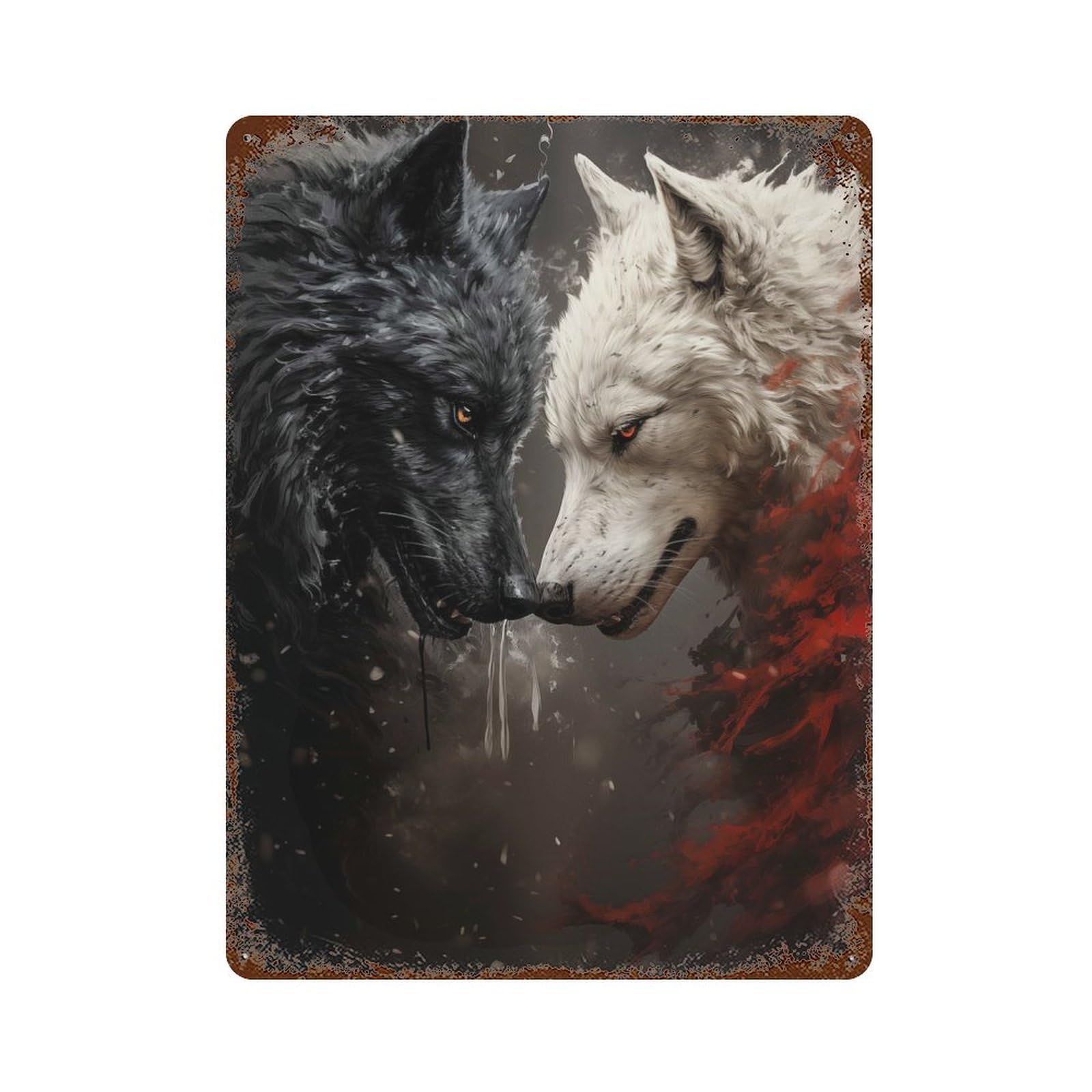 Two Wolves Fighting Rusty Metal Tin Sign 15.7"x11.8", for Pub, Kitchen And Man Cave Decor, Novelty Wall Decor