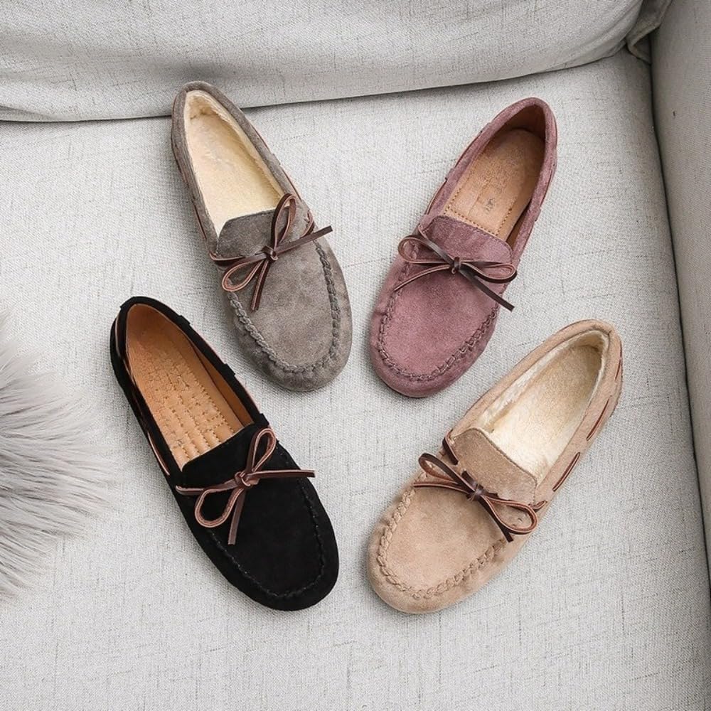 [Sailozai] レディース ソフトレザーフラットシューズ、フリース裏地、秋冬、カラーブロック、リボン、カジュアル、軽量、シンプ