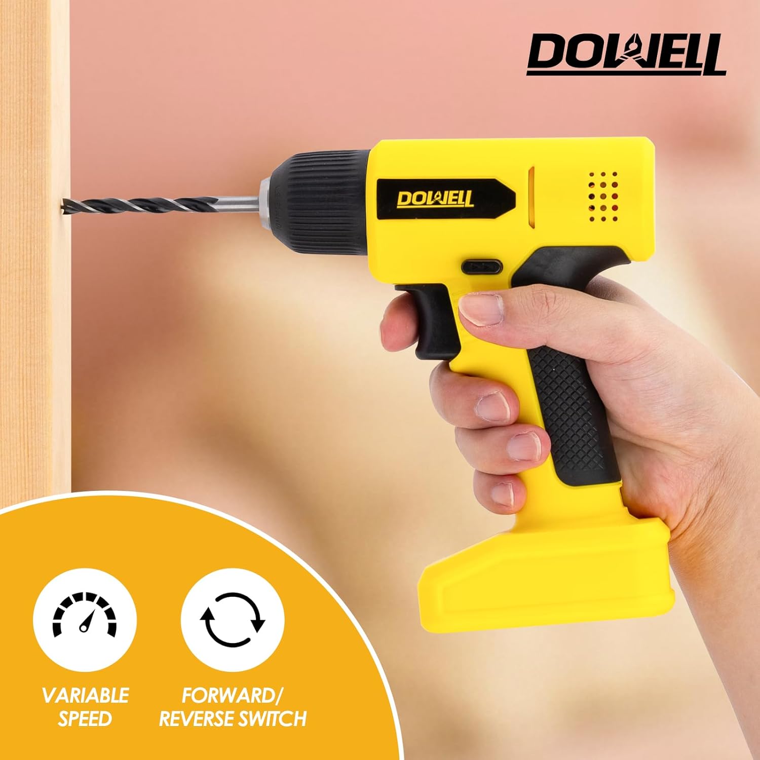 DOWELL 8V Cordless Drill Tool Set 58 PCS, Built-in LED, Variable Speed, Type-C Charge Cable, Blow Molded Case, for DIY, Home Maintenance & Light Drilling, Yellow