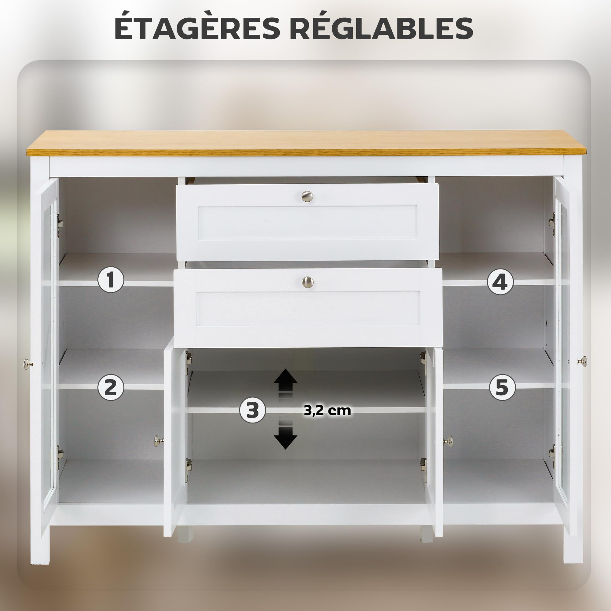 HOMCOM Buffet Salon, 1 Placard Double Porte, 2 Tiroirs, 120x40x90cm, Blanc | Meuble de Rangement, 2 Placards à Porte Vitrée, Étagère Réglable, Style Moderne, Buffet Salle à Manger et Cuisine
