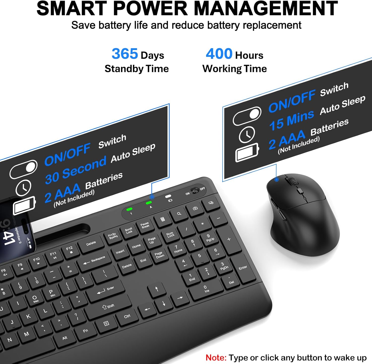 Wireless Keyboard and Mouse Combo, 2.4G Full Size Silent Ergonomic Keyboard with Wrist Rest, Phone Holder, 3 DPI Adjustable Ergonomic Quiet Mouse for Windows, Mac OS Desktop/Laptop/PC(Black)