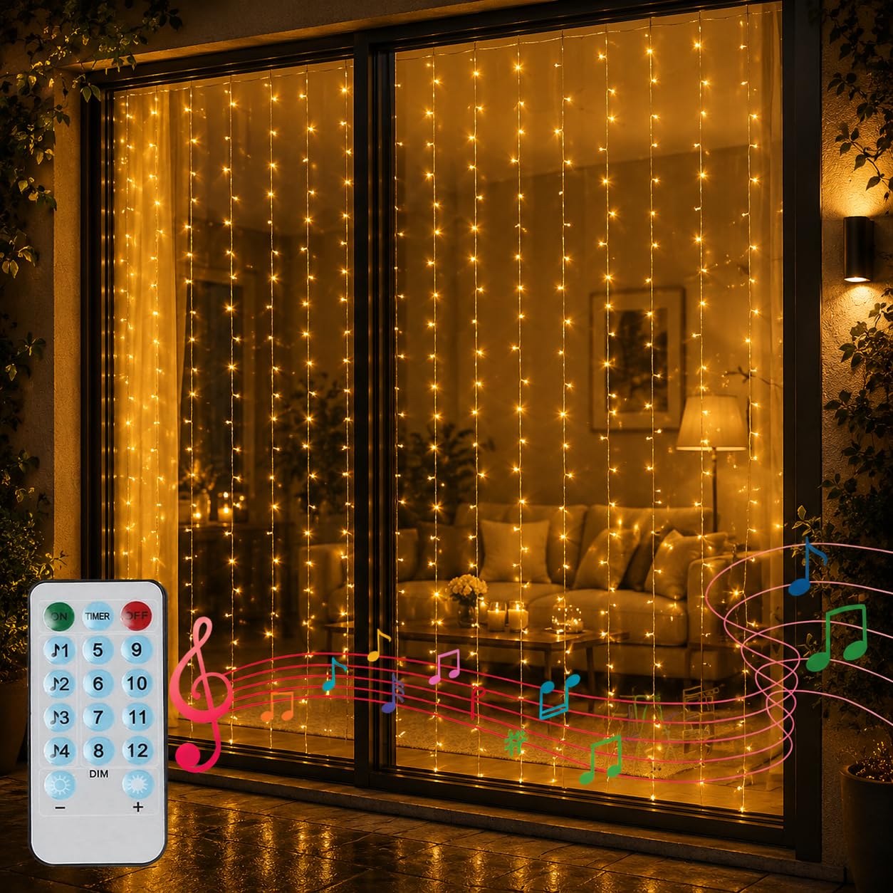 Corst Warm White 2M X 2M Curtain Lights For Bedroom Battery Powered,Window Curtain Lights Indoor Oudoor,Waterfall Hanging Backdrop Fairy Light Wall Lights, Music Activated For Gazebo Ceiling Decor