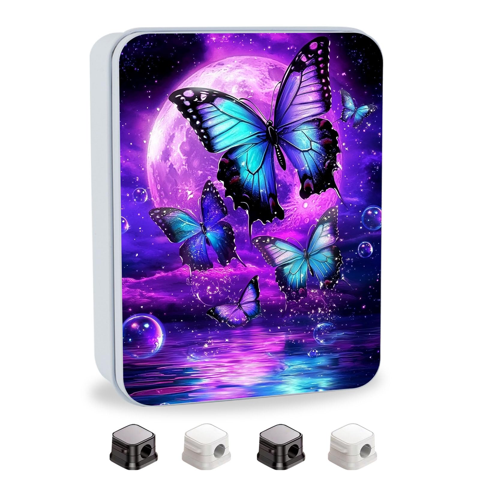 Metal Tin Box with Lid for Game Cards Home Organizer Candles Keys Crafts Storage - Equipped with 4 Magnetic Cord Clips，Purple Moon Blue Butterfly