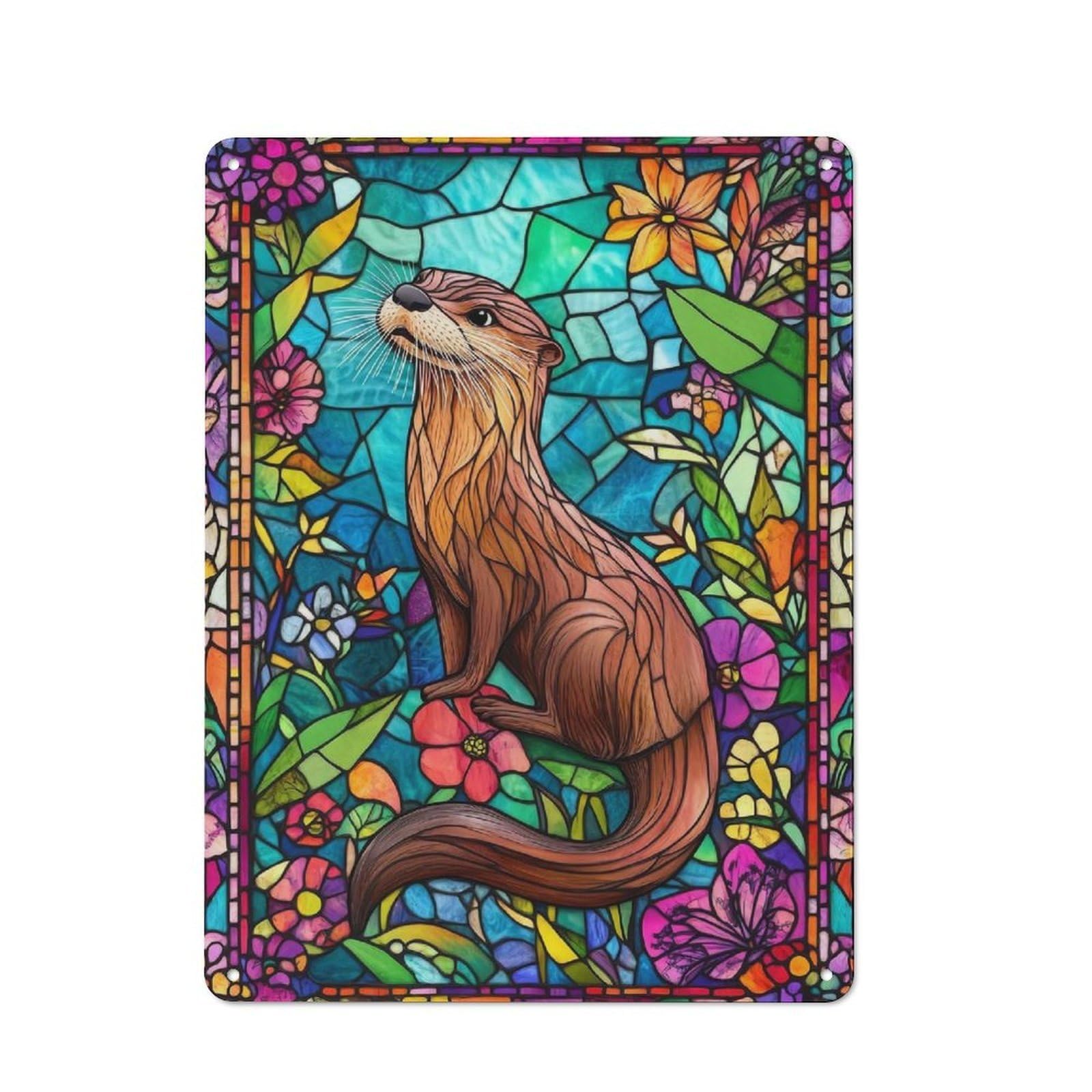 Junmoney Stained Glass Otter Retro Metal Wall Sign 40X30cm With For Living Room Wall, Housewarming Wall Decor For People Furnishing Living Room