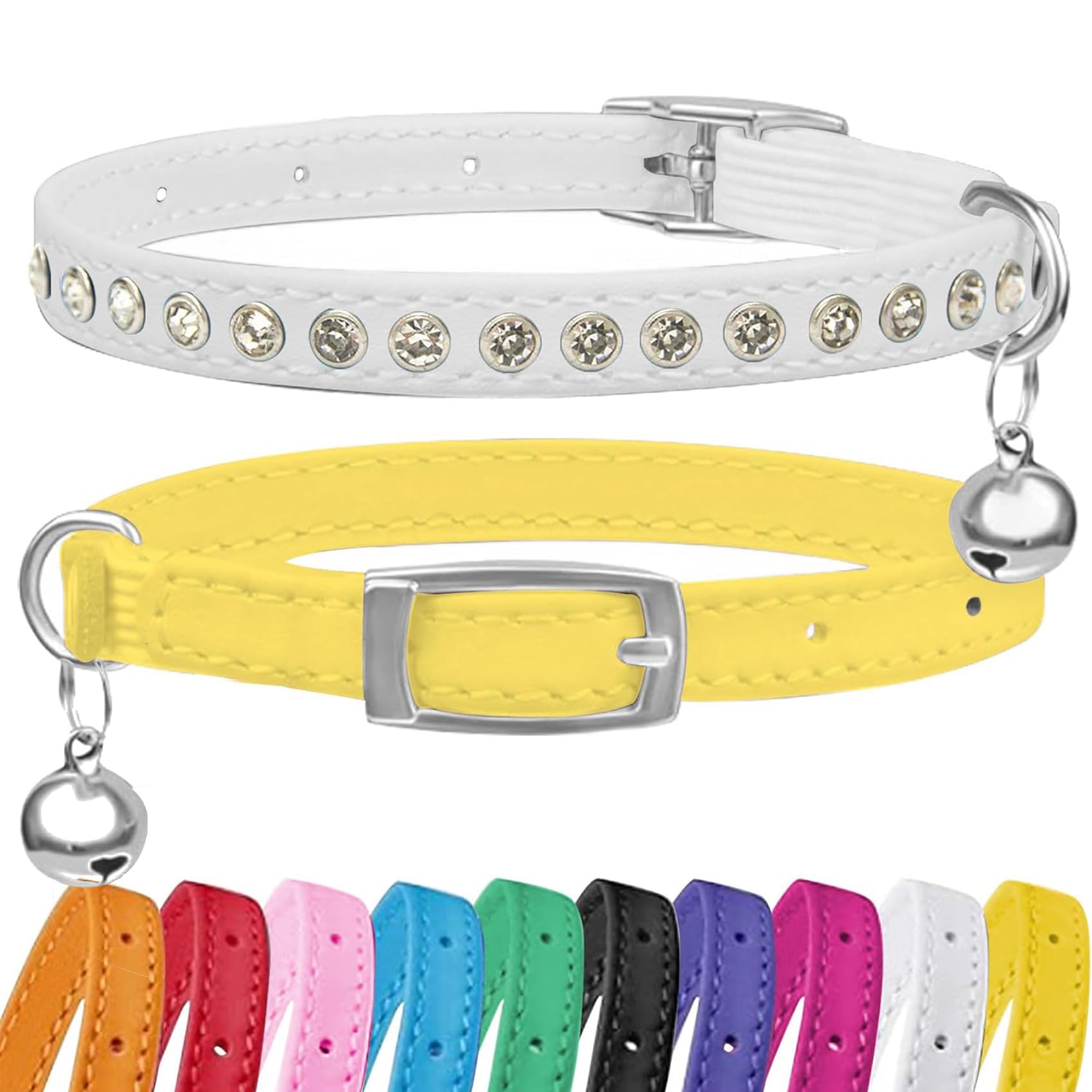 Petinstinct 2 Pack Leather Cat Collar with Bell & Rhinestone