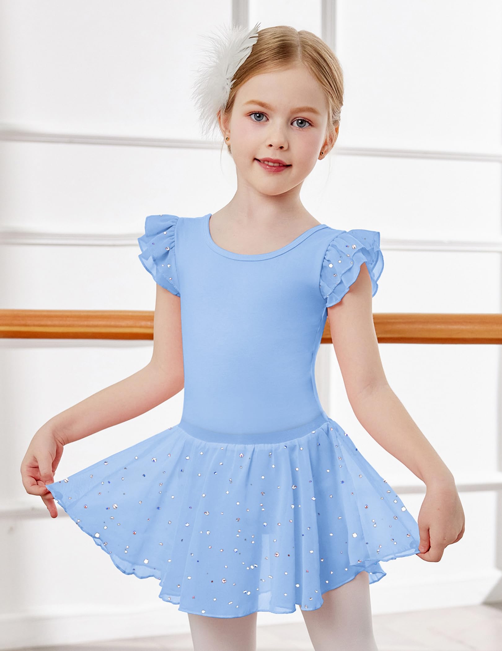 Arshiner Ragazze Balletto Abbigliamento 2-9 Anni Manica Corta Vestito Balletto Body Danza Cotone Senza Schienale Bambini Glitter Tuta Due Pezzi Body Danza con Gonna Tutu
