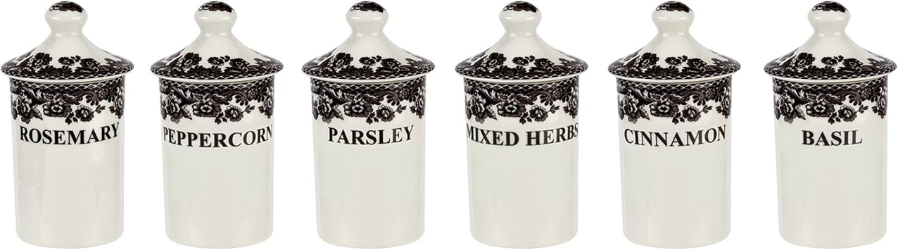 Spode Delamere Spice Jars, set of 6 | Beautiful and Functional Kitchen Decor | Made from Fine Porcelain | Spice Jars | 4.5 Inch Seasoning Storage Jars | Dishwasher Safe