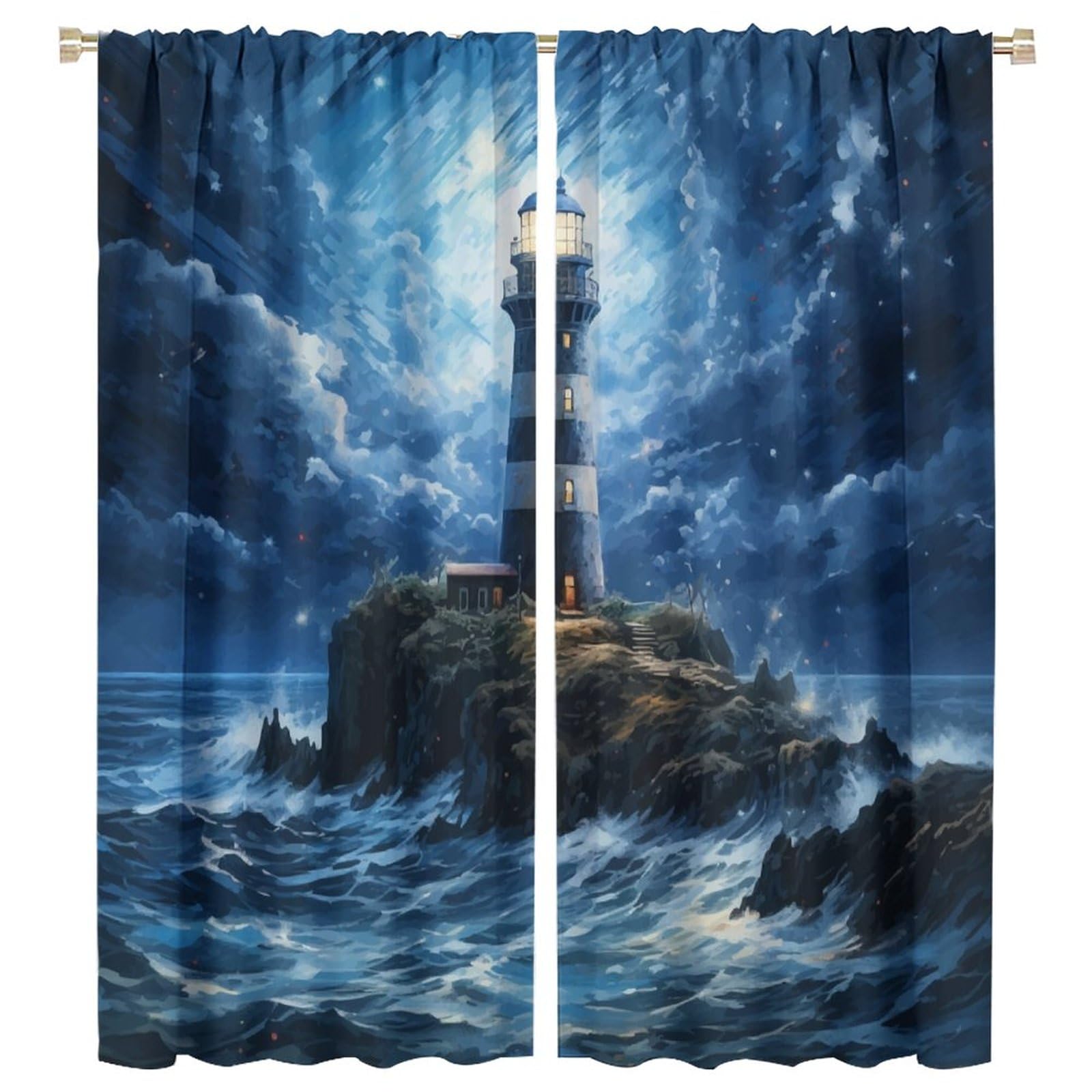 Lighthouse Curtain Beautiful Blue Starry Sky Sea Wave Lighthouse Blackout Print Rod Pocket Window Drapes for Bedroom Living Room 55x63in