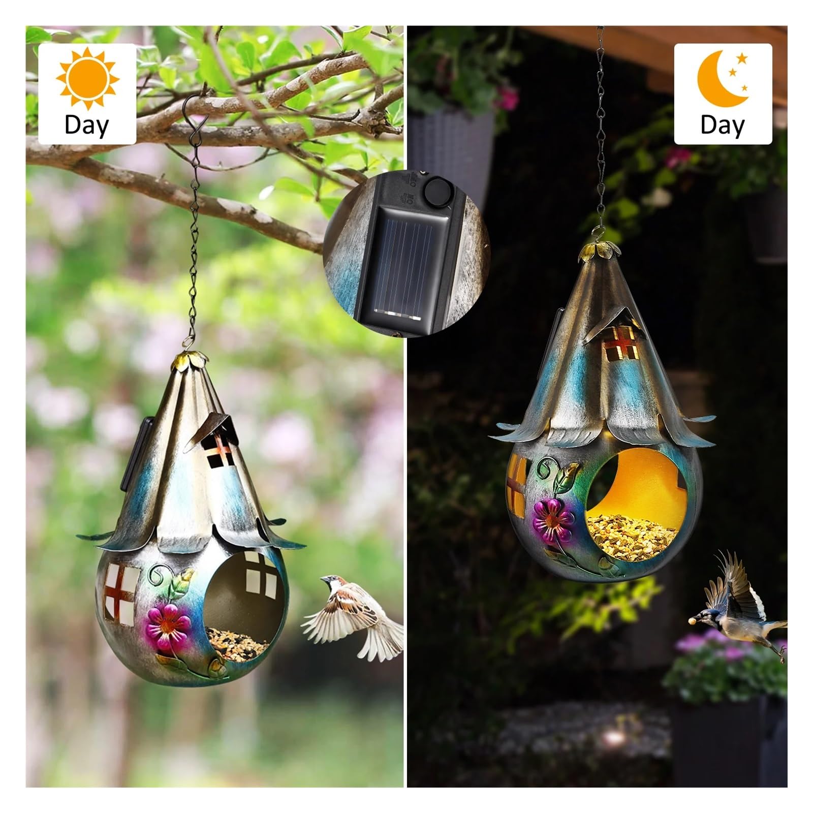 Mangiatoia For Uccelli Solare Alimentata A Energia LED Mangiatoie For Selvatici In Metallo For Colibrì In Ferro Battuto For Giardino Patio Prato Cortile Facile Da Mantenere