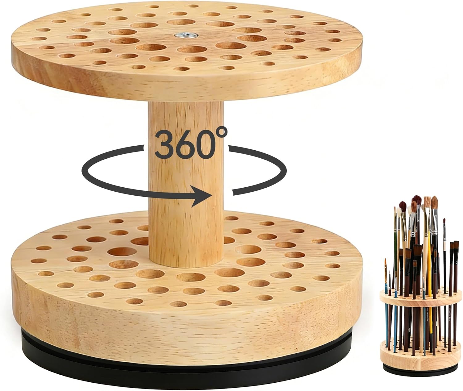 360 Rotating Paint Brush Holder, 52 Holes, Natural Wood | Hardwood Organizer, Desktop Storage Stand, For Artists Brushes, Makeup Brush, Calligraphy Pens, Craft Tools Display