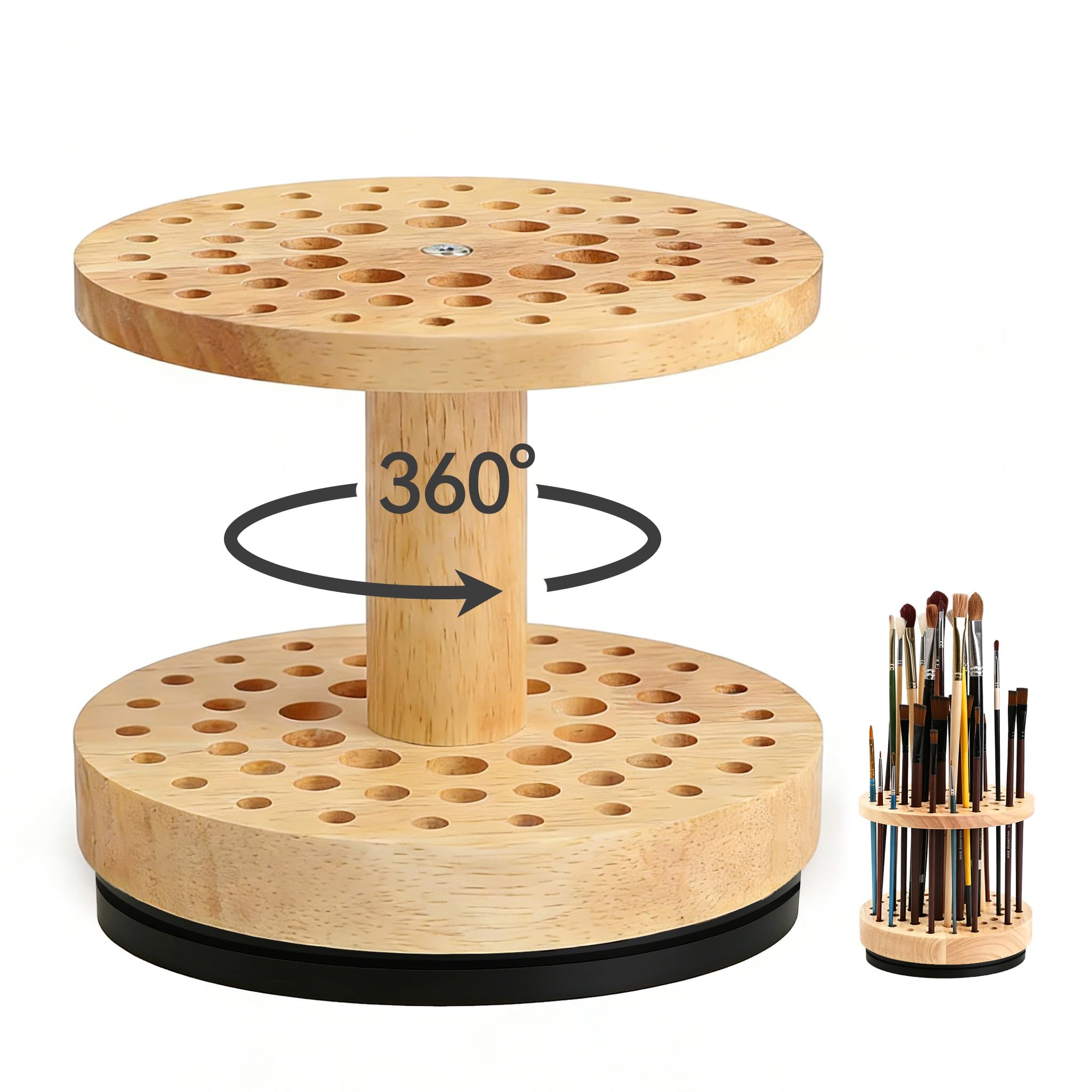 Gayvllab 360° Rotating Brush Storage Rack|52-Hole Brush Holder|Hardwood Storage Stand|Space-Saving Brush Organizer|Suitable for Artist Brushes,Craft Tools, Makeup Brushes,Calligraphy Pens (Yellow)