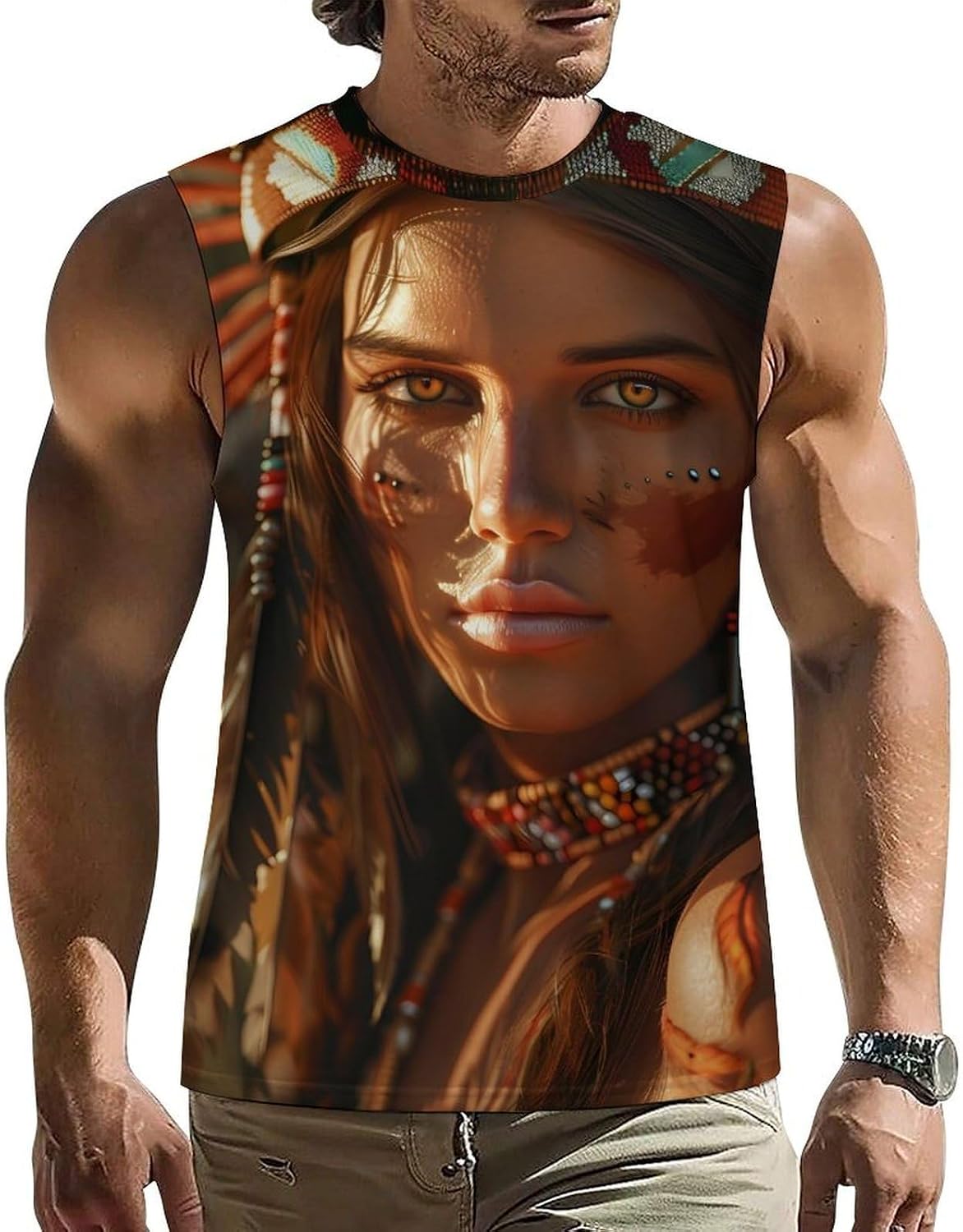 Native American Woman Men Summer Sleeveless Crew Neck Top 5XL