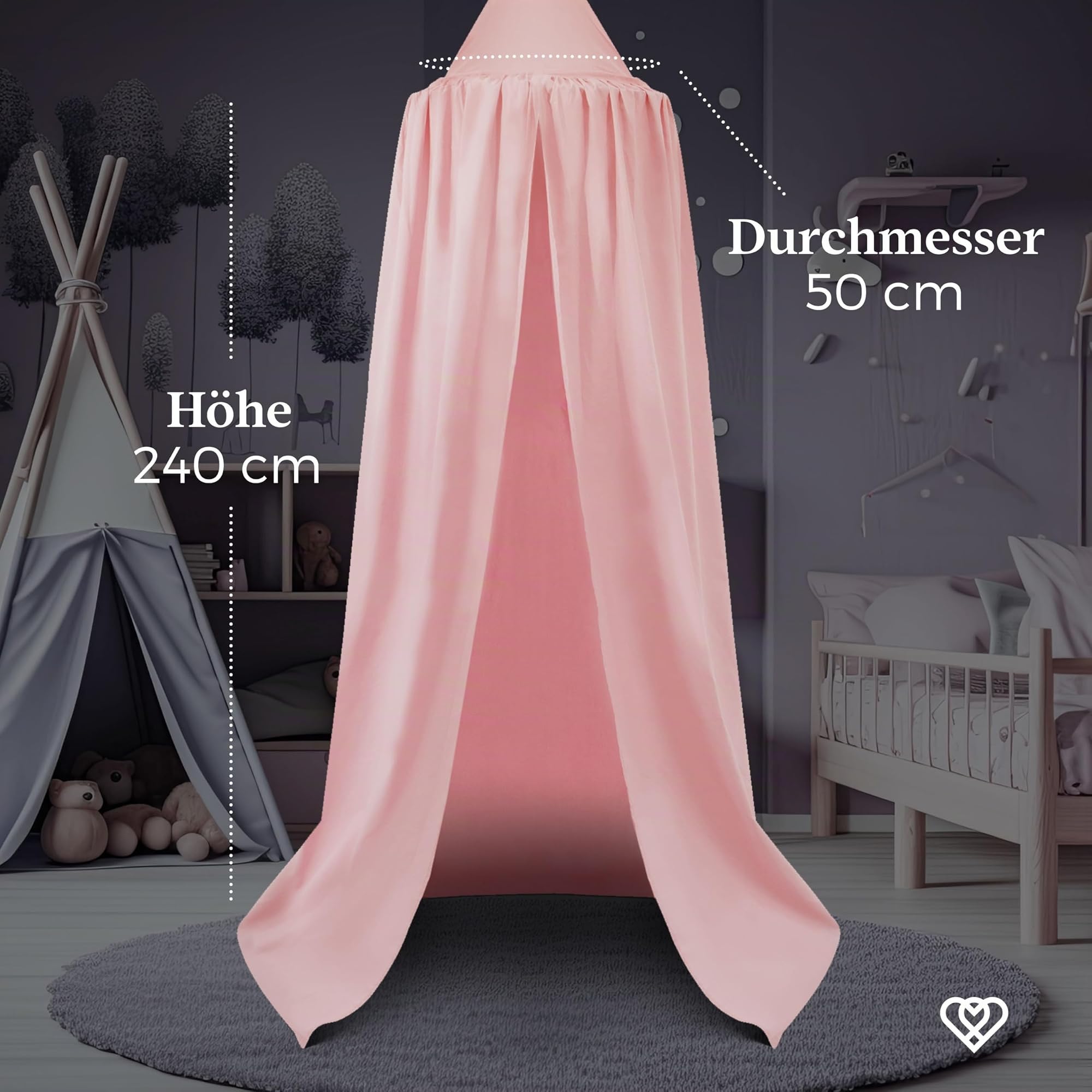 lilime® Betthimmel Baldachin aus 100% Baumwolle, ⌀50cm, Länge 240cm, Moskitonetz, Kinderzimmer, Hausbett, Kinderbett und Baby Bett - Pink