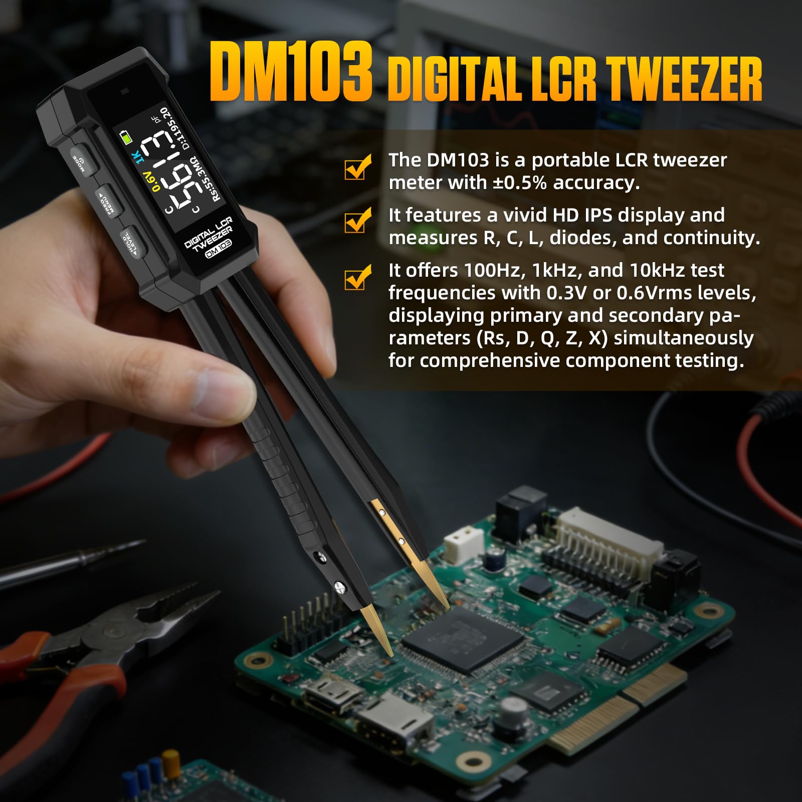 Medidores LCR, mini SMD, con función de medición ESR, multímetro digital con pinzas para componentes SMD/resistencias/condensadores/inductores/voltajes/frecuencias/diodos, terminales automáticos