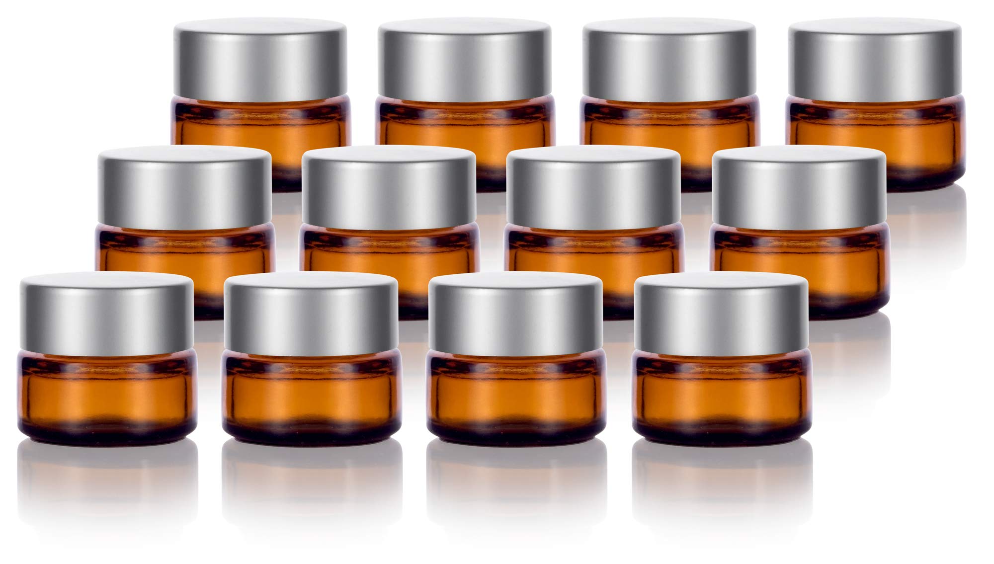 Amber Glass 5 ml 1/6 oz Small Thick Wall Balm Jars with Silver Smooth Lids (12 Pack)