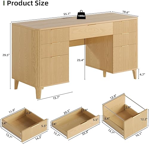 Miniatura 2 de Escritorio Ejecutivo Acanalado de 55.1" con Cajones, Escritorio de Computadora de Madera con Gabinete de Almacenamiento, Escritorio de Oficina en