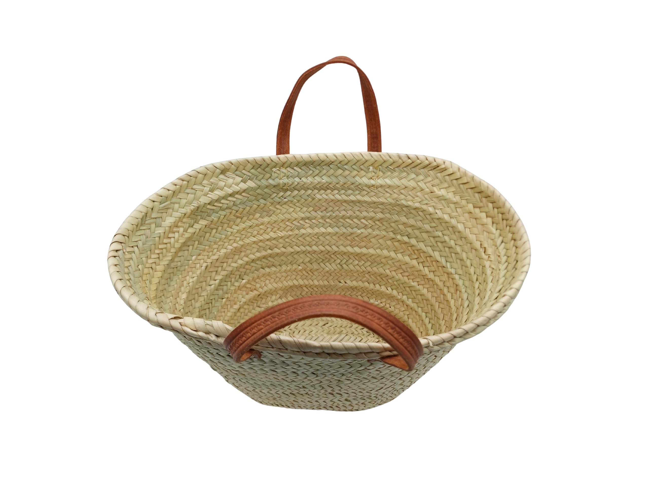 Capazo de Palma Natural con Asas de Cuero, 50x30x20cm, Beige y Marrón, Hecho a Mano en Marruecos