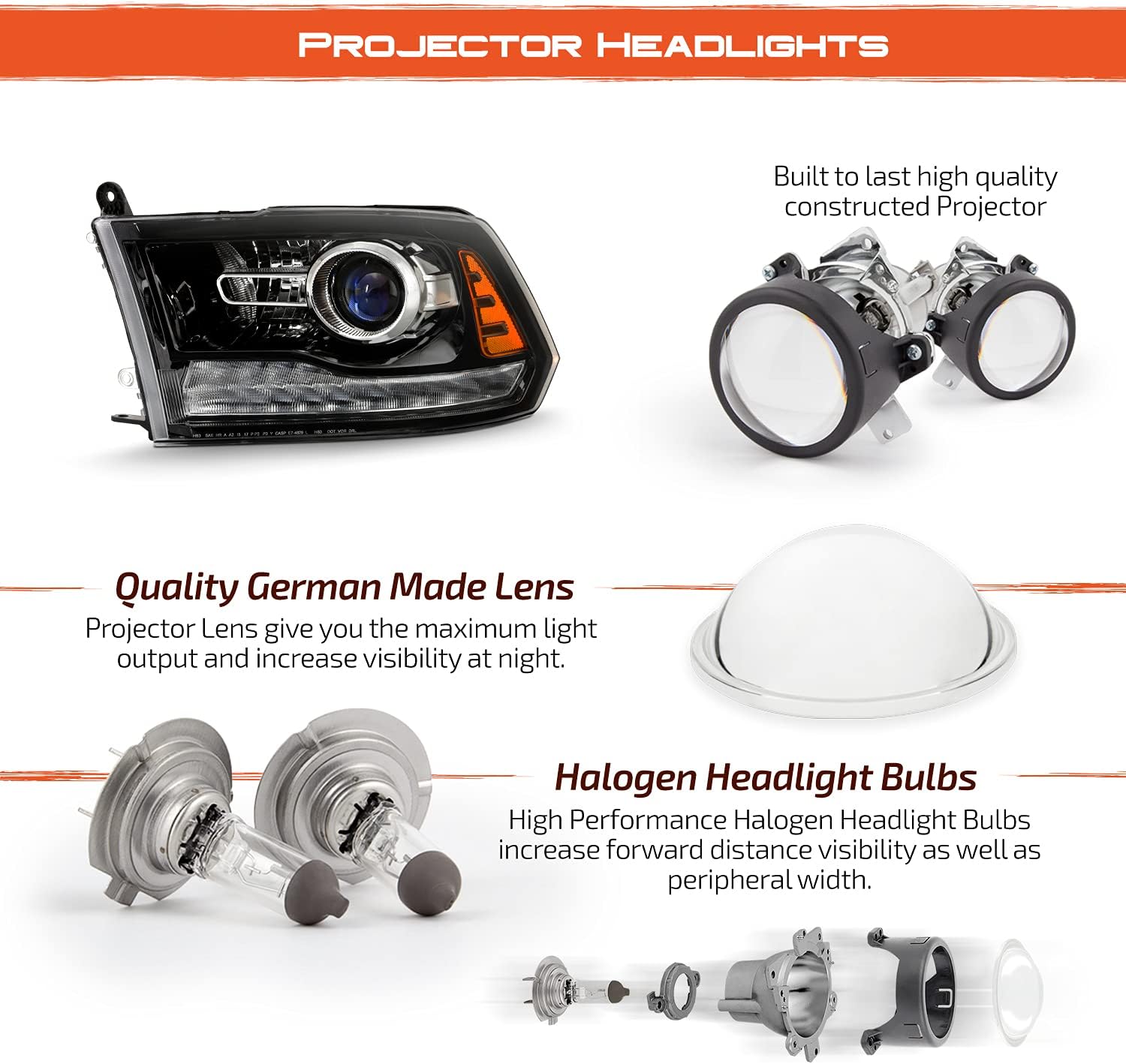 AKKON - Fits 2013-2015 Dodge Ram 1500/2500 /3500 OE Projector Headlights with LED DRL - Left Driver Side