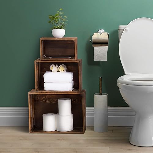 Miniatura 3 de MyGift Caja organizadora de almacenamiento rústica de madera maciza marrón oscuro con asa, 3 piezas de varios tamaños decorativos