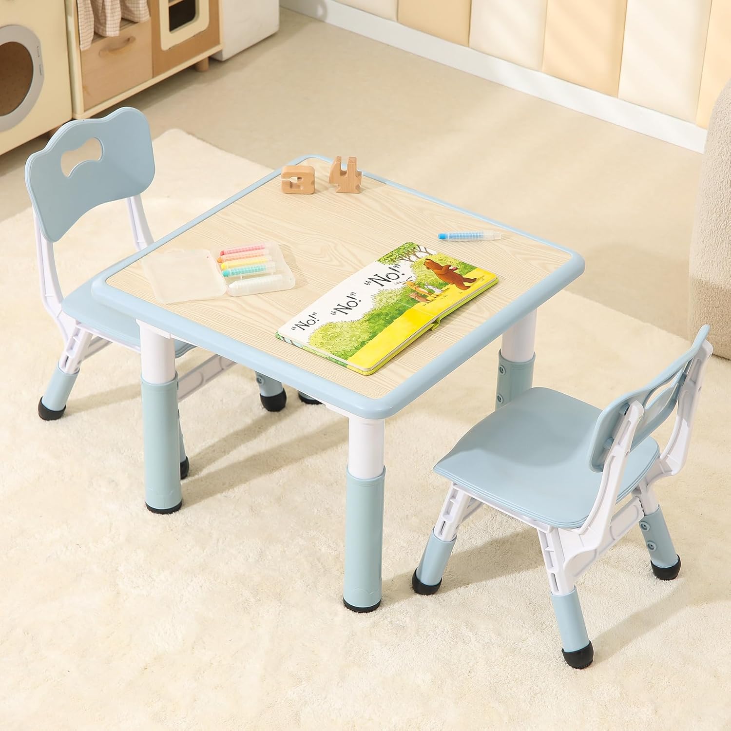 Kids Table and 2 Chairs Set, Height Adjustable Toddler Table and Chairs with Anti-Slip Foot Covers, Graffiti Desktop Arts & Crafts Table for Daycare, Classroom