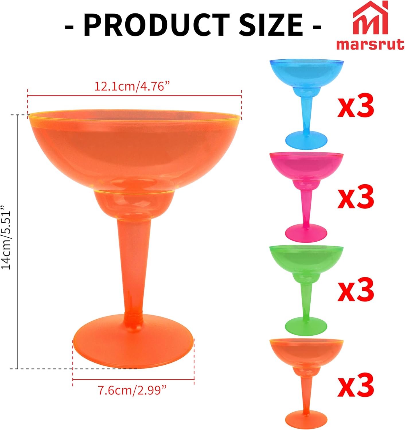 12pcs Disposable Margarita Glass for Party Cocktail, Plastic Margarita Glasses, Colorful Hurricane Cups Supplies for Cinco De Mayo Tropical Pool Beach Holidays BBQs Decorations, 4 Assorted Neon Colors - Image 2