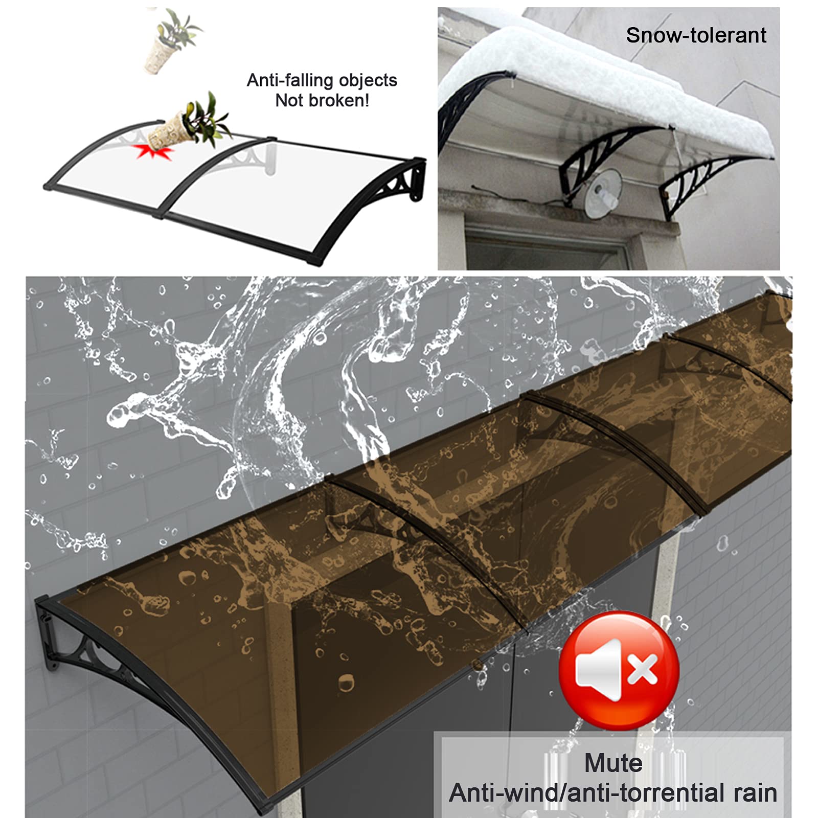 Auvent de Porte de fenêtre incurvé Silencieux avec Protection UV, Supports en Alliage d'aluminium, résistant à l'eau et aux Chocs, Couverture extérieure en Polycarbonate Marron (80 x 270 cm)