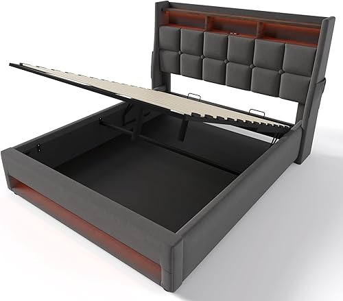 Miniatura 173 de Base de cama LED tapizada tamaño Queen, plataforma flotante de terciopelo con cabecero, MDF moderna y cama de madera contrachapada (beige-081)