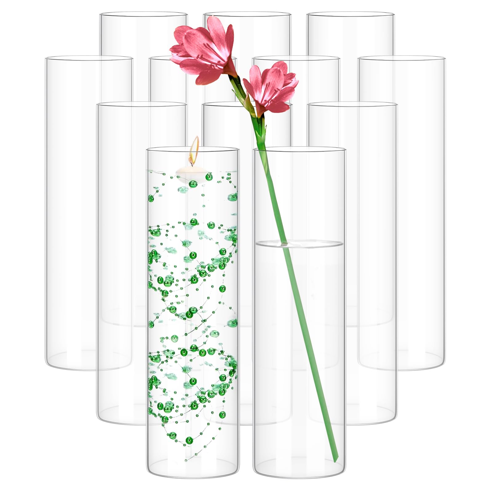 Photo 1 of 12 Pack Glass Cylinder Vases 12 Inch Tall Clear Flower Vase for Centerpieces, Hurricane Floating Candle Holder Wedding Decorations, Floral Vase Bulk for Table Shelf Party Home Deco (12 x 3.35 Inch)