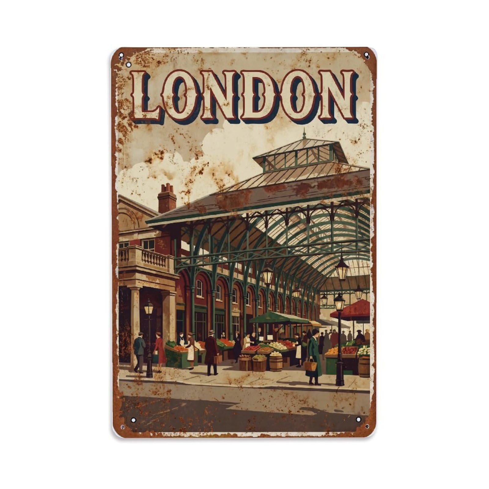 Vintage Travel London Covent Garden Market Rusted England Metal Tin Sign Plaque Wall Decor for Cafe, Club Bar, Office, Home Garden Metal Poster 8x12Inch