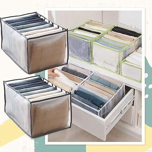Alnorte 2PCS Wardrobe Clothes Organizer for Jeans, 7 Grids Jeans Organizer for Closet, Foldable Jeans Compartment Storage Box for Drawer Mesh Separation Box (Pants, Shorts, Leggings) Grey