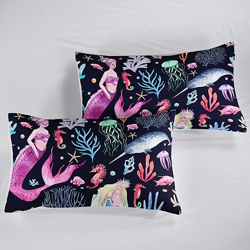 Miniatura 3 de Juego de edredón de sirenas de dibujos animados para niñas, tamaño individual, con temática de princesa, juego de ropa de cama con 1 edredón y 2