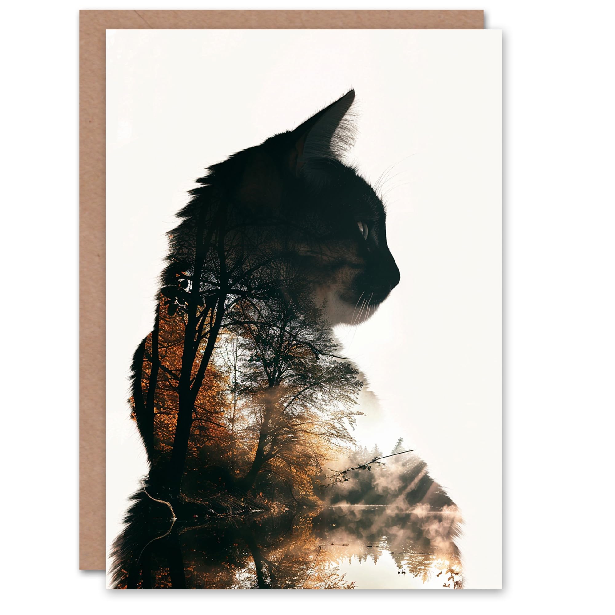 Artery8 Greeting Card - Cat Lover - Double Exposure Forest Lake Landscape - Black