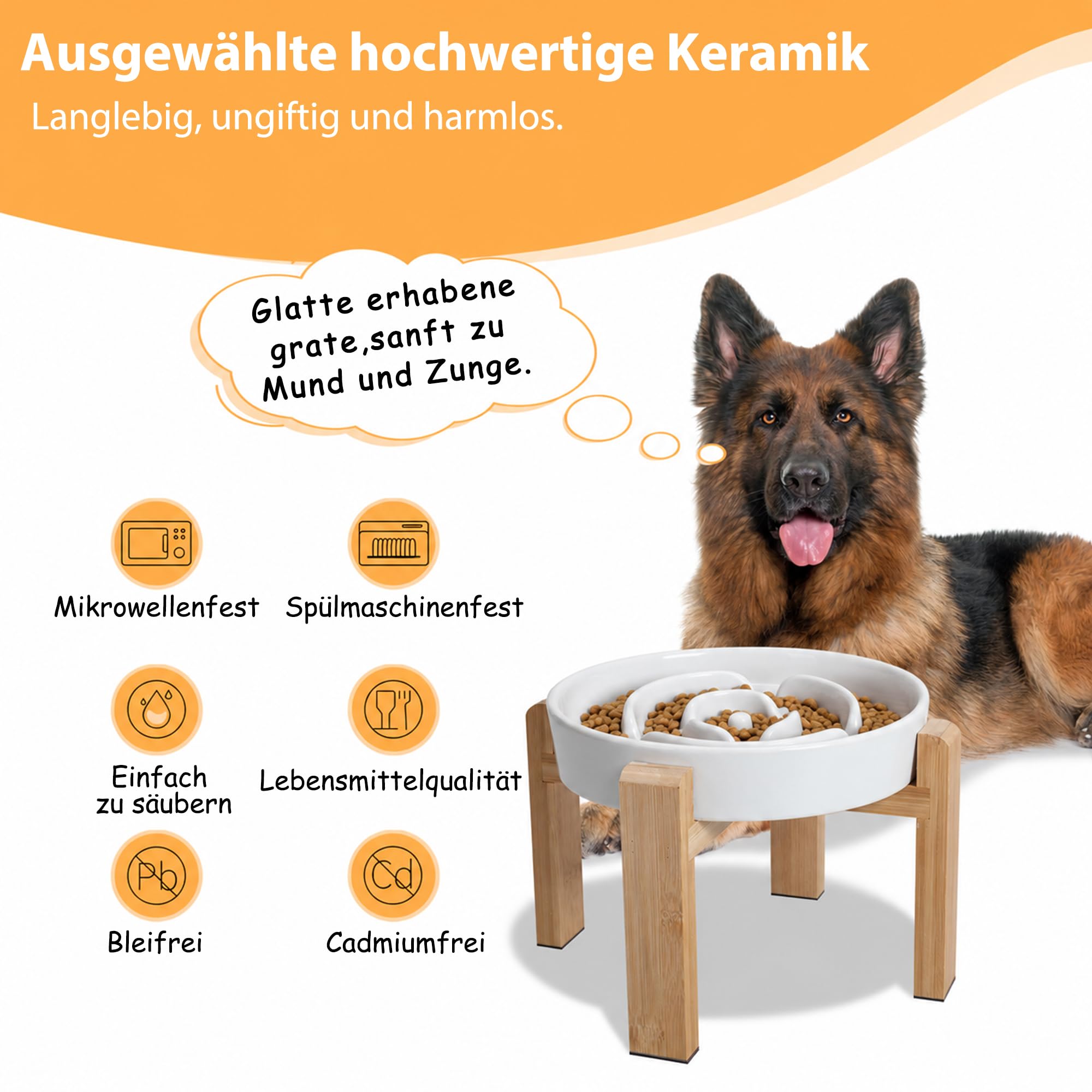Antischlingnapf Hunde Keramik Hundenapf Erhöht - Anti Schling Napf Hund mit rutschfestem Bambusständer - Futternapf Hund für mittelgroße und große Hunde - Fressnapf Hund Langsam Essen - Weiß - 22,5 cm