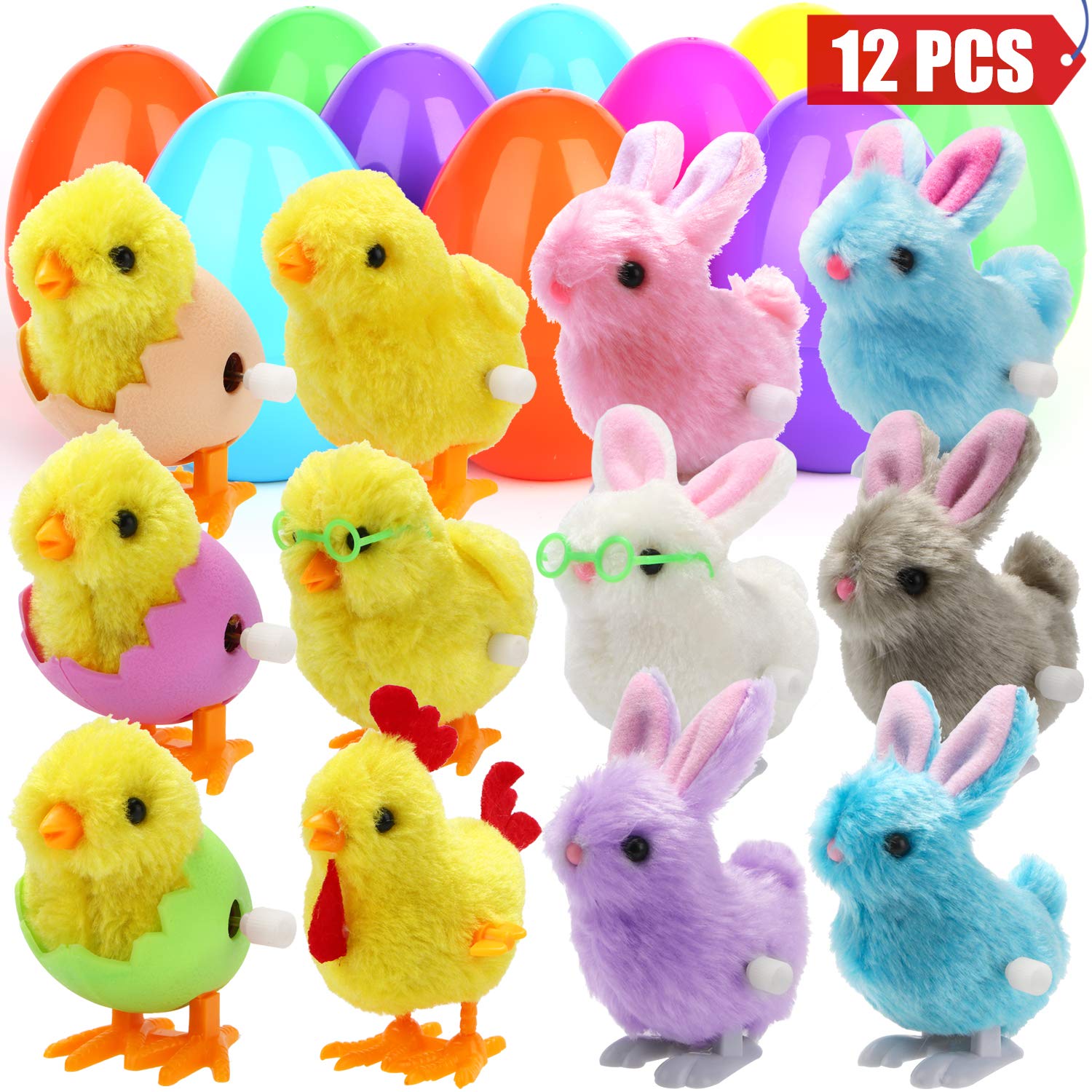 Sizonjoy 12 Pack Prefilled Easter Eggs with Wind-Up Toys, Plastic Easter Eggs Filled with Toys for Easter Basket Stuffers Fillers, Party Favor, Easter Eggs Hunt (Chicks & Bunnies)