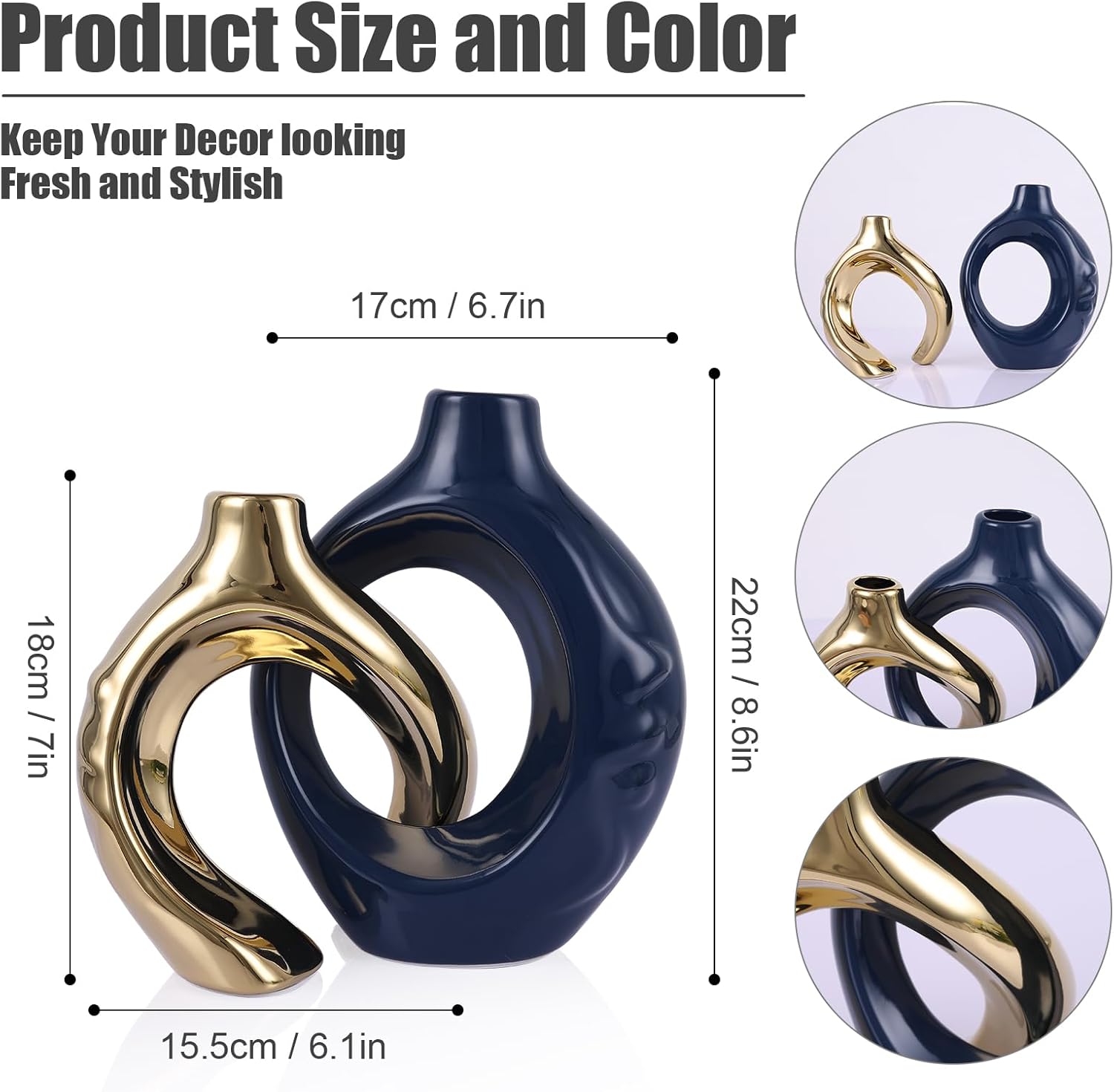 Navy Blue Gold Ceramic Vase Set of 2 for Modern Home Decor,Round Boho Vase for Pampas Grass,Neutral Minimalist Statue for Dining Room Table Centerpiece Dining Room,Wedding Table Decoration