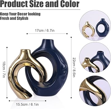 Navy Blue Gold Ceramic Vase Set of 2 for Modern Home Decor,Round Boho Vase for Pampas Grass,Neutral Minimalist Statue for Dining Room Table Centerpiece Dining Room,Wedding Table Decoration
